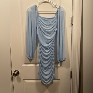 Blue Ruched Bodycon Dress with Long Bishop Sleeves for Cocktail